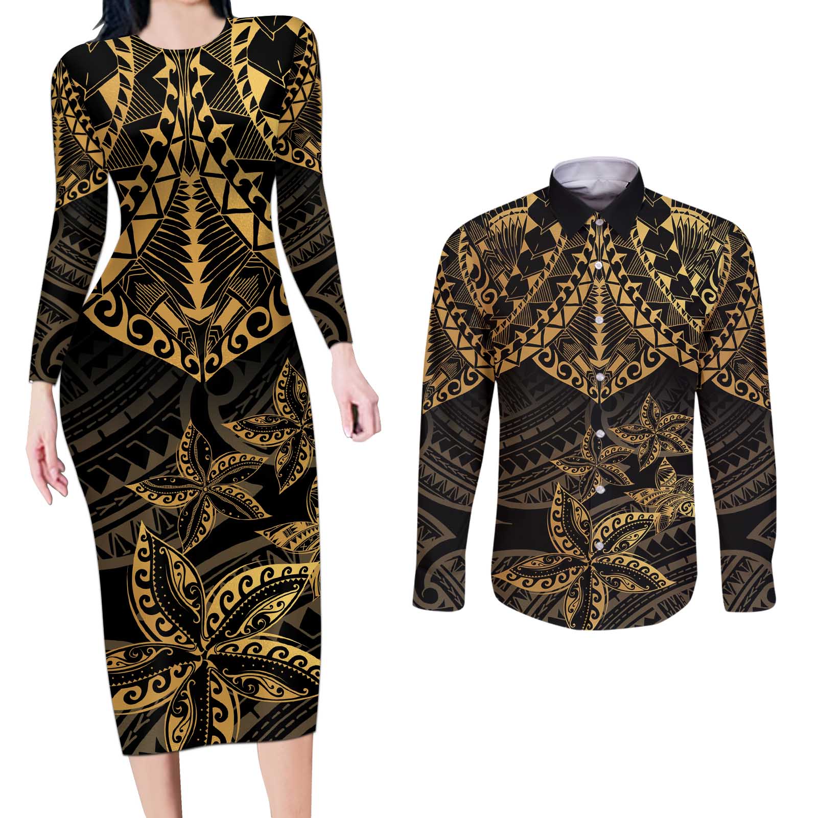 Black and Gold Polynesia Couples Matching Long Sleeve Bodycon Dress and Long Sleeve Button Shirt Plumeria Tattoo With Polynesian Pattern