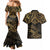 Black and Gold Polynesia Couples Matching Mermaid Dress and Hawaiian Shirt Plumeria Tattoo With Polynesian Pattern