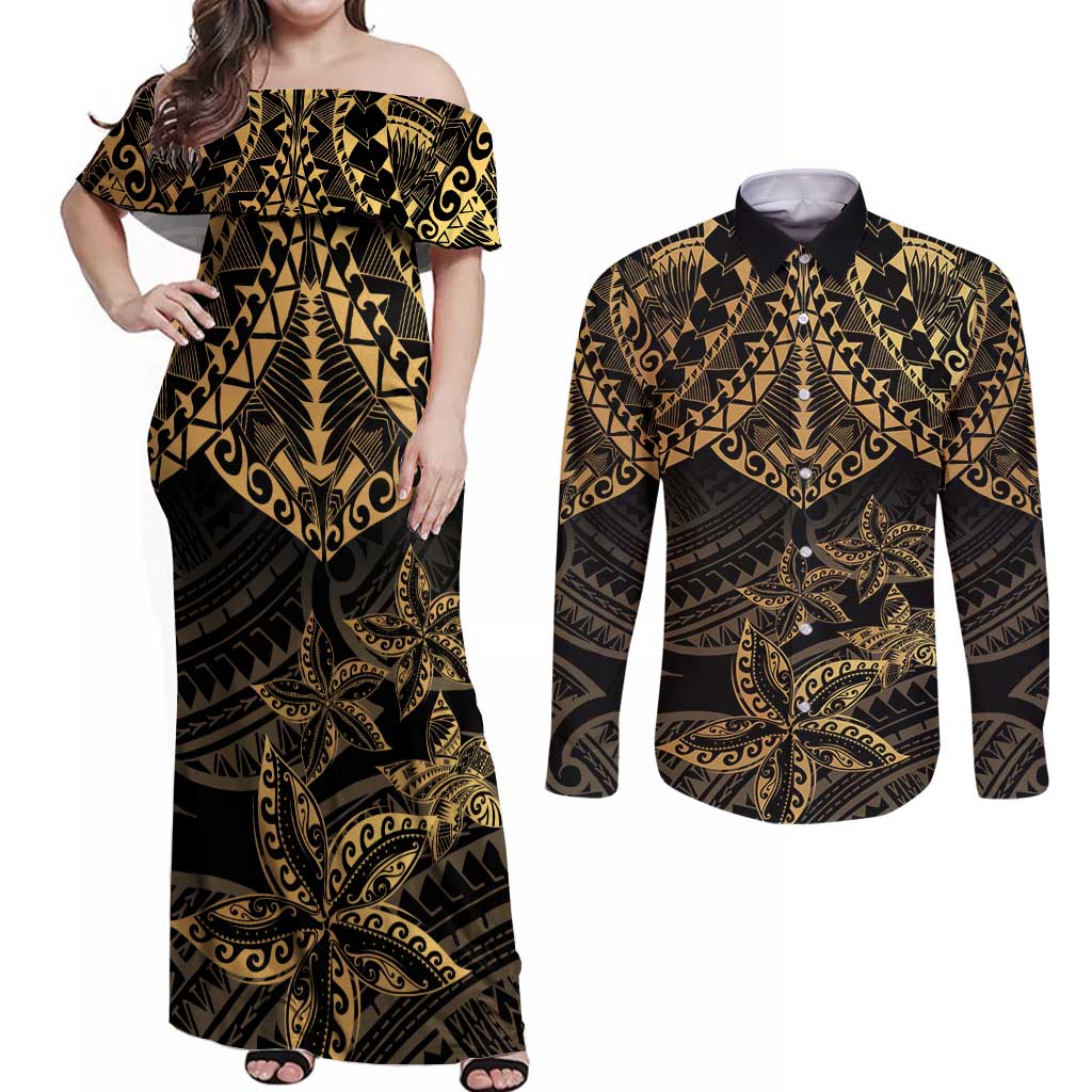 Black and Gold Polynesia Couples Matching Off Shoulder Maxi Dress and Long Sleeve Button Shirt Plumeria Tattoo With Polynesian Pattern