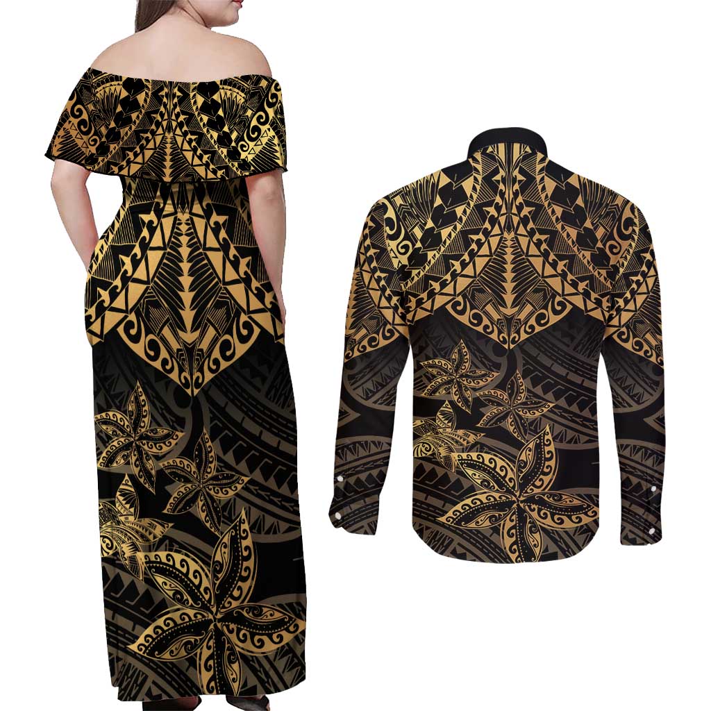 Black and Gold Polynesia Couples Matching Off Shoulder Maxi Dress and Long Sleeve Button Shirt Plumeria Tattoo With Polynesian Pattern