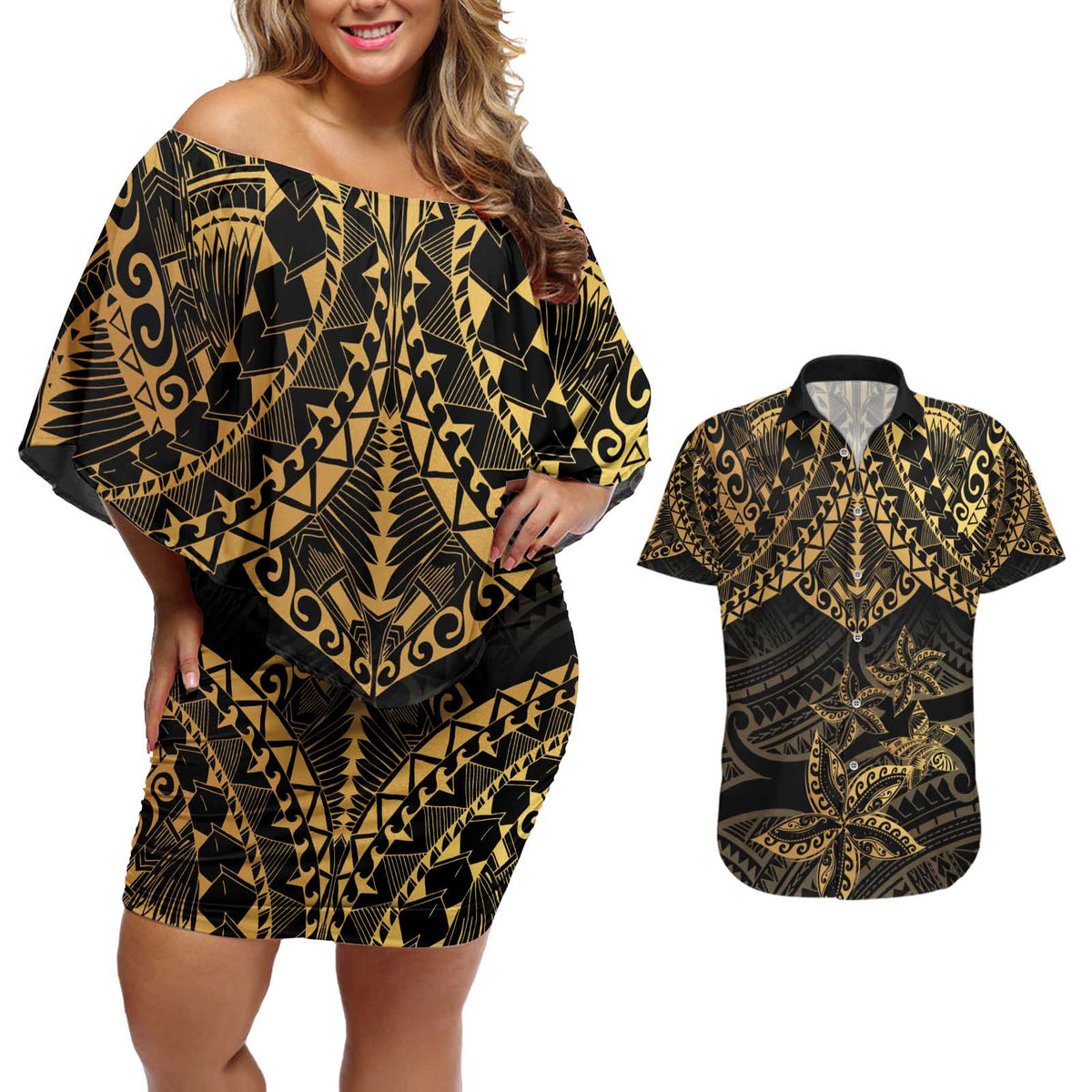 Black and Gold Polynesia Couples Matching Off Shoulder Short Dress and Hawaiian Shirt Plumeria Tattoo With Polynesian Pattern