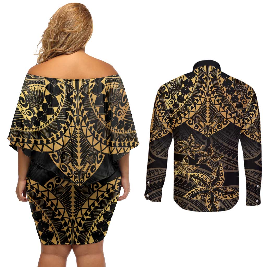 Black and Gold Polynesia Couples Matching Off Shoulder Short Dress and Long Sleeve Button Shirt Plumeria Tattoo With Polynesian Pattern