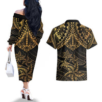Black and Gold Polynesia Couples Matching Off The Shoulder Long Sleeve Dress and Hawaiian Shirt Plumeria Tattoo With Polynesian Pattern