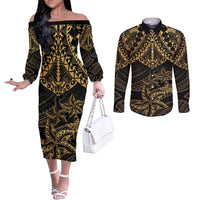 Black and Gold Polynesia Couples Matching Off The Shoulder Long Sleeve Dress and Long Sleeve Button Shirt Plumeria Tattoo With Polynesian Pattern