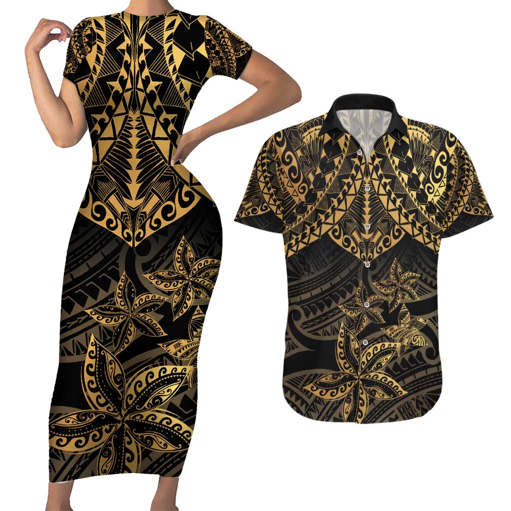 Black and Gold Polynesia Couples Matching Short Sleeve Bodycon Dress and Hawaiian Shirt Plumeria Tattoo With Polynesian Pattern