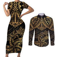 Black and Gold Polynesia Couples Matching Short Sleeve Bodycon Dress and Long Sleeve Button Shirt Plumeria Tattoo With Polynesian Pattern