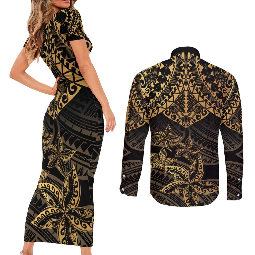 Black and Gold Polynesia Couples Matching Short Sleeve Bodycon Dress and Long Sleeve Button Shirt Plumeria Tattoo With Polynesian Pattern