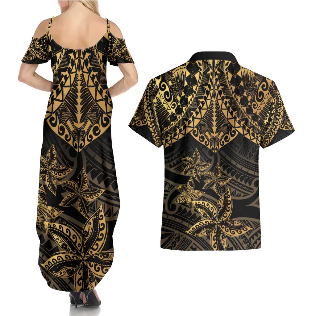 Black and Gold Polynesia Couples Matching Summer Maxi Dress and Hawaiian Shirt Plumeria Tattoo With Polynesian Pattern
