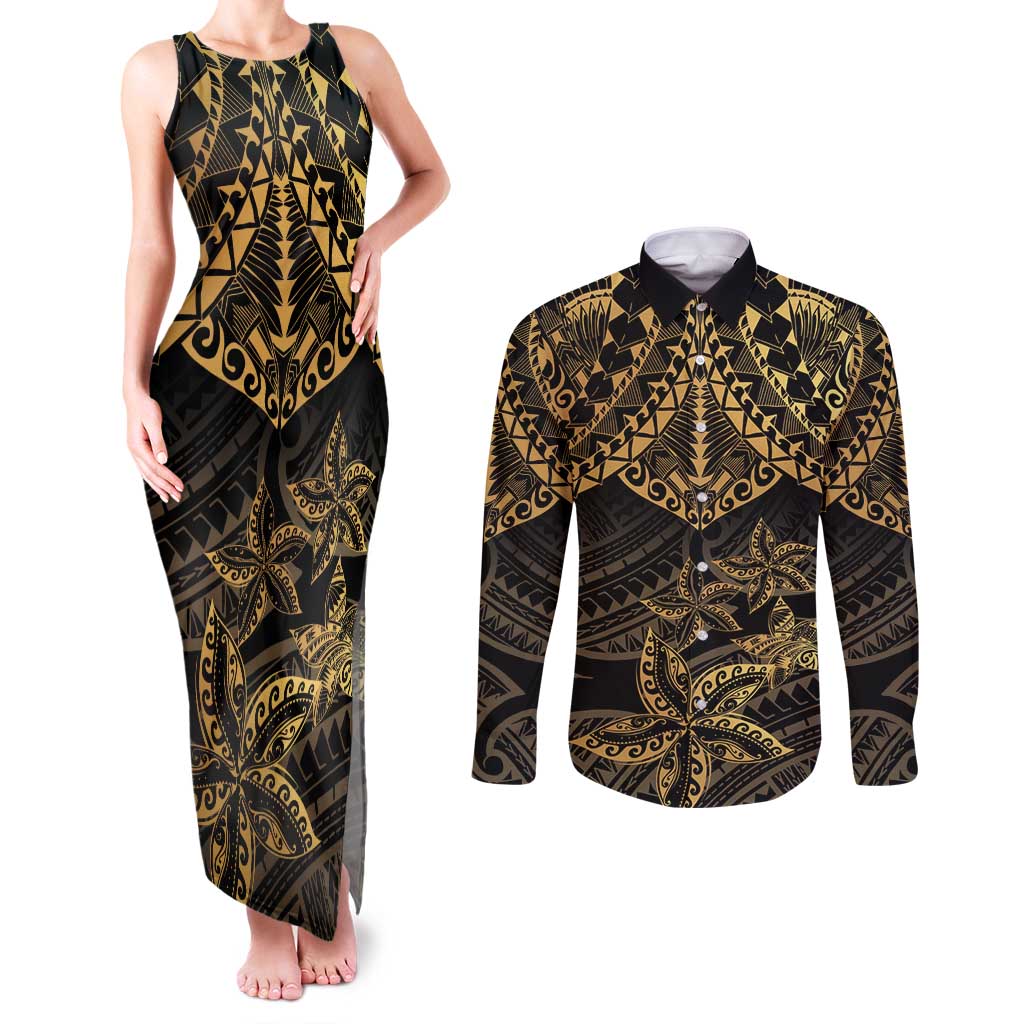 Black and Gold Polynesia Couples Matching Tank Maxi Dress and Long Sleeve Button Shirt Plumeria Tattoo With Polynesian Pattern