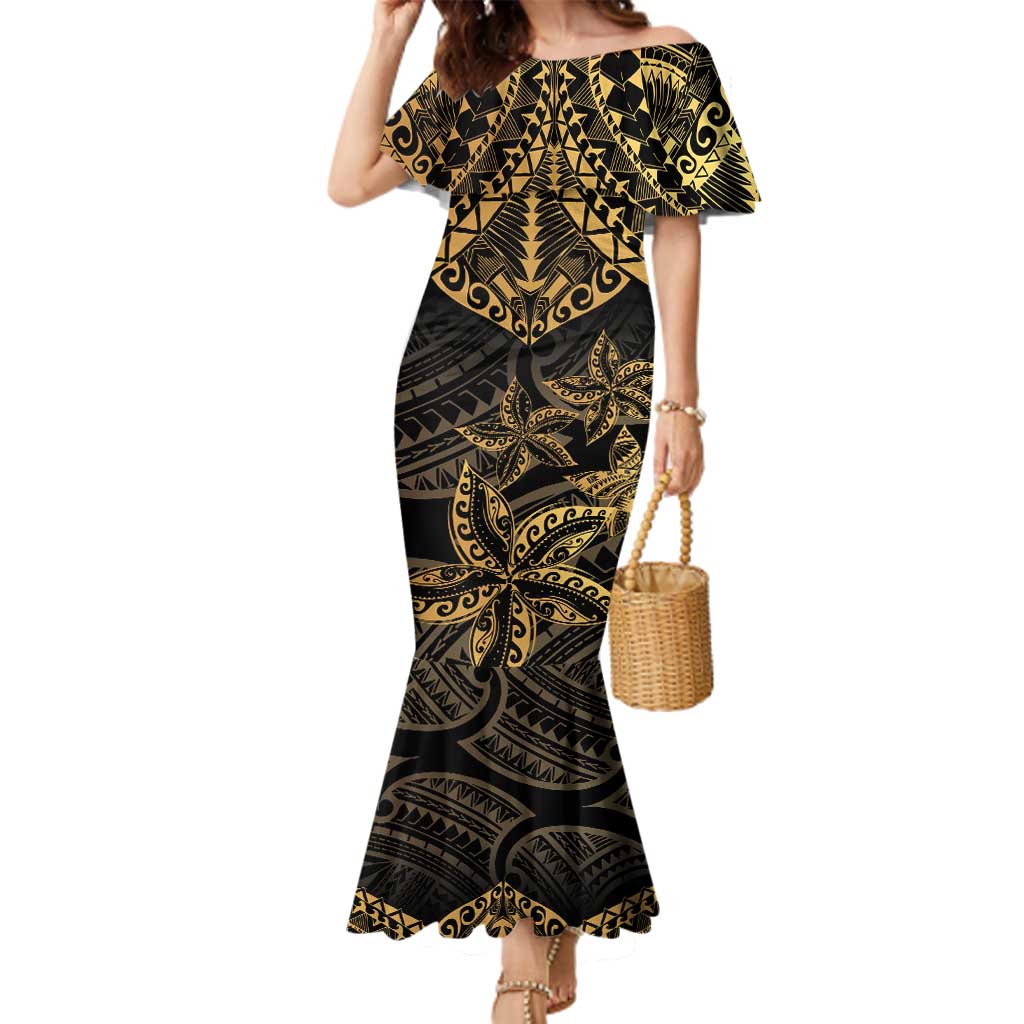 Black and Gold Polynesia Family Matching Mermaid Dress and Hawaiian Shirt Plumeria Tattoo With Polynesian Pattern LT14 Mom's Dress Black - Polynesian Pride