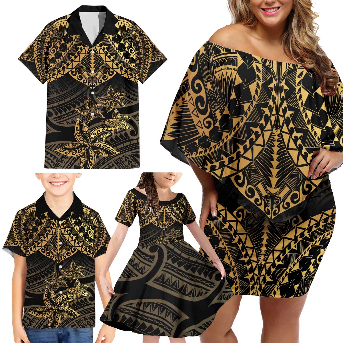 Black and Gold Polynesia Family Matching Off Shoulder Short Dress and Hawaiian Shirt Plumeria Tattoo With Polynesian Pattern LT14 - Polynesian Pride