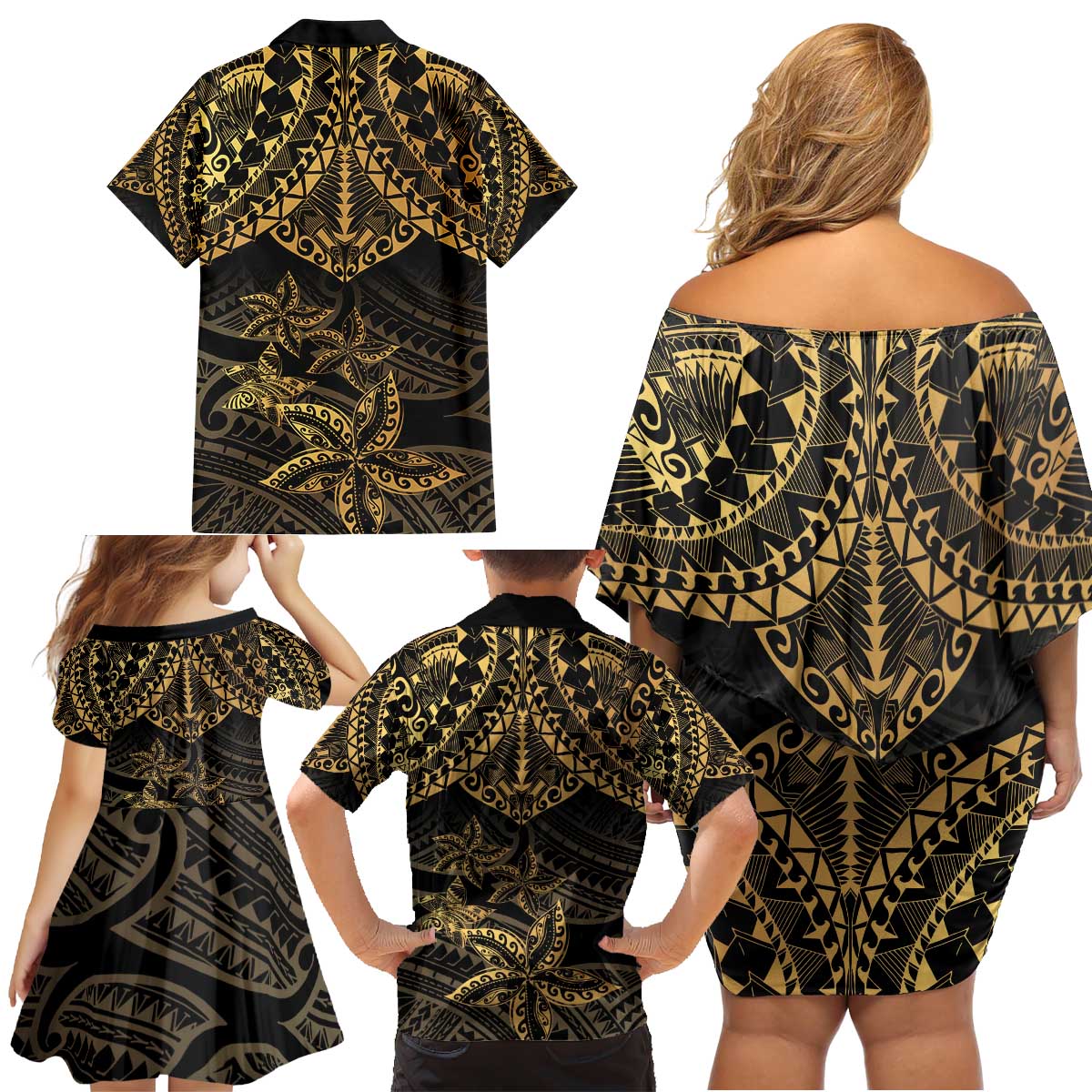 Black and Gold Polynesia Family Matching Off Shoulder Short Dress and Hawaiian Shirt Plumeria Tattoo With Polynesian Pattern LT14 - Polynesian Pride
