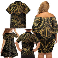 Black and Gold Polynesia Family Matching Off Shoulder Short Dress and Hawaiian Shirt Plumeria Tattoo With Polynesian Pattern LT14 - Polynesian Pride