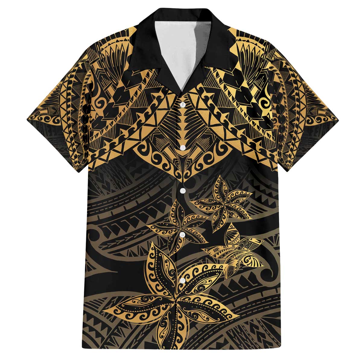 Black and Gold Polynesia Family Matching Off Shoulder Short Dress and Hawaiian Shirt Plumeria Tattoo With Polynesian Pattern LT14 Dad's Shirt - Short Sleeve Black - Polynesian Pride