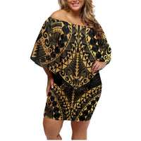 Black and Gold Polynesia Family Matching Off Shoulder Short Dress and Hawaiian Shirt Plumeria Tattoo With Polynesian Pattern LT14 Mom's Dress Black - Polynesian Pride