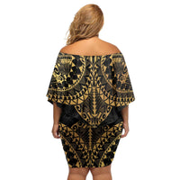 Black and Gold Polynesia Family Matching Off Shoulder Short Dress and Hawaiian Shirt Plumeria Tattoo With Polynesian Pattern LT14 - Polynesian Pride