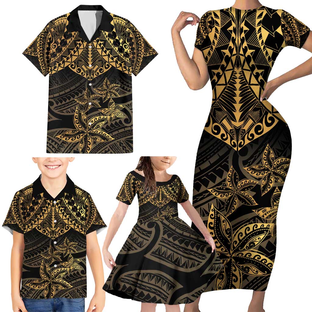 Black and Gold Polynesia Family Matching Short Sleeve Bodycon Dress and Hawaiian Shirt Plumeria Tattoo With Polynesian Pattern LT14 - Polynesian Pride