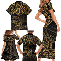 Black and Gold Polynesia Family Matching Short Sleeve Bodycon Dress and Hawaiian Shirt Plumeria Tattoo With Polynesian Pattern LT14 - Polynesian Pride