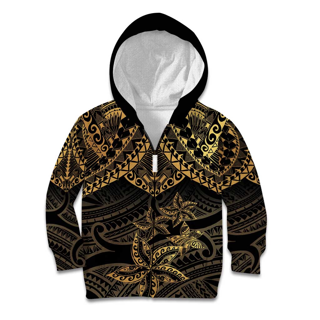 Black and Gold Polynesia Kid Hoodie Plumeria Tattoo With Polynesian Pattern