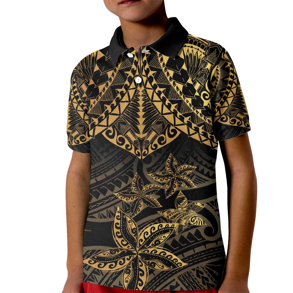 Black and Gold Polynesia Kid Polo Shirt Plumeria Tattoo With Polynesian Pattern LT14 Kid Black - Polynesian Pride