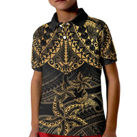 Black and Gold Polynesia Kid Polo Shirt Plumeria Tattoo With Polynesian Pattern LT14 Kid Black - Polynesian Pride