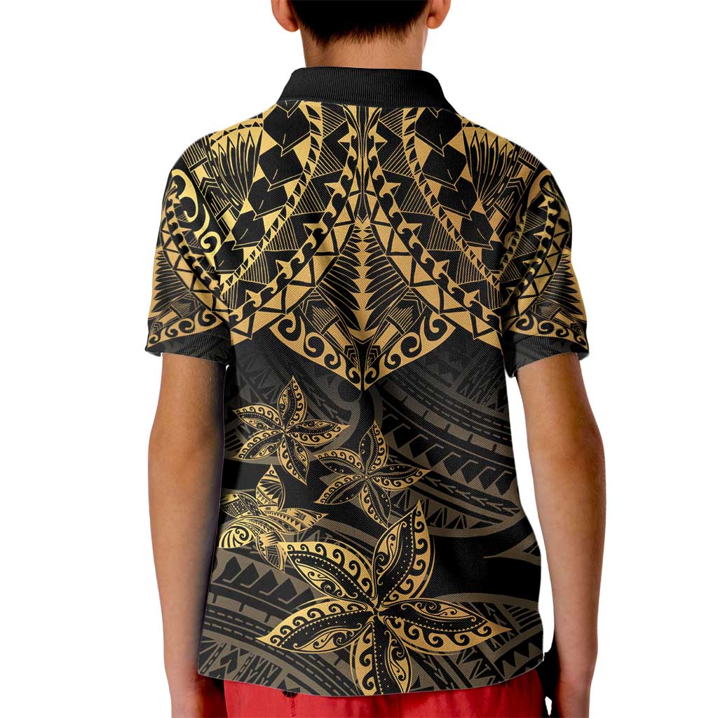 Black and Gold Polynesia Kid Polo Shirt Plumeria Tattoo With Polynesian Pattern LT14 - Polynesian Pride