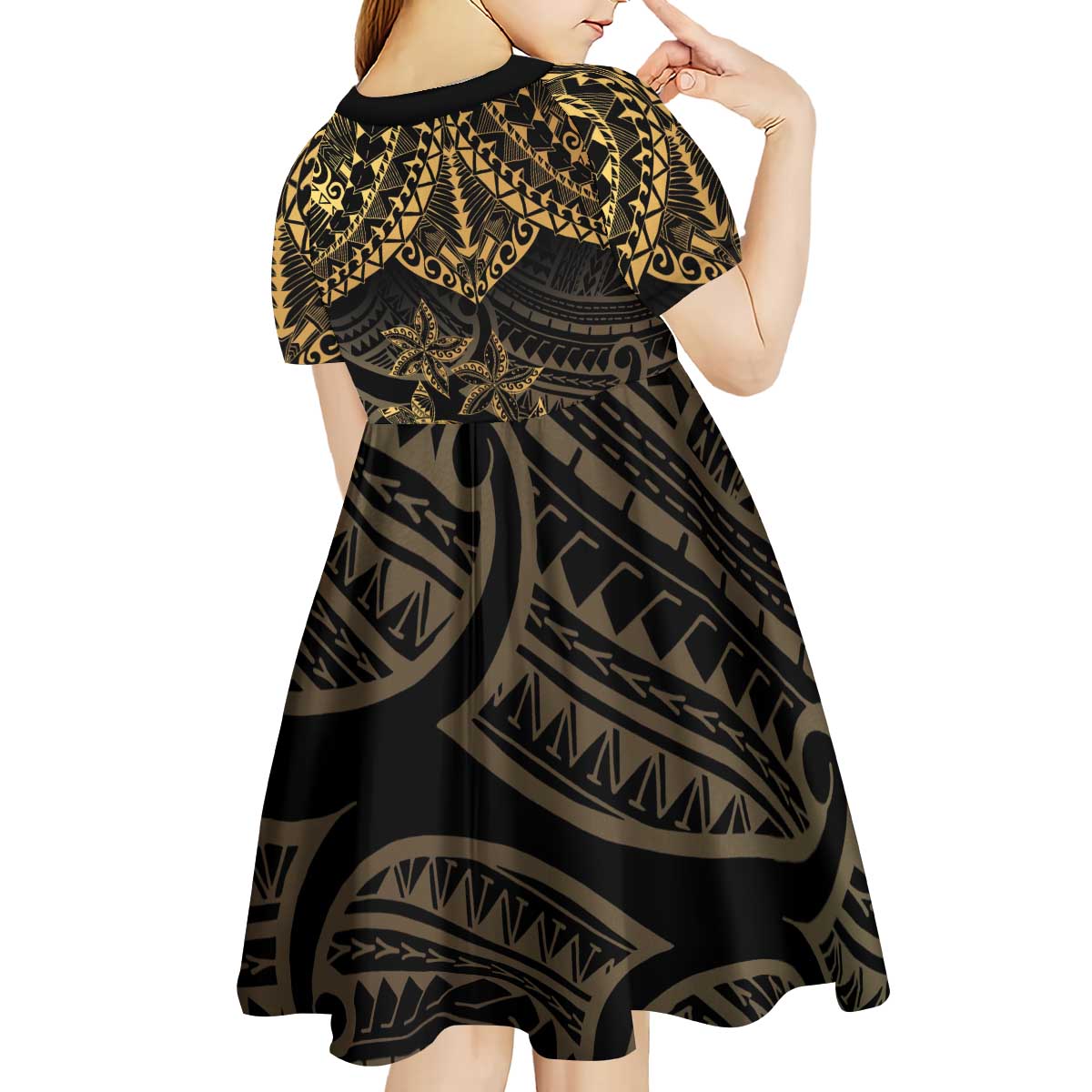 Black and Gold Polynesia Kid Short Sleeve Dress Plumeria Tattoo With Polynesian Pattern LT14 - Polynesian Pride