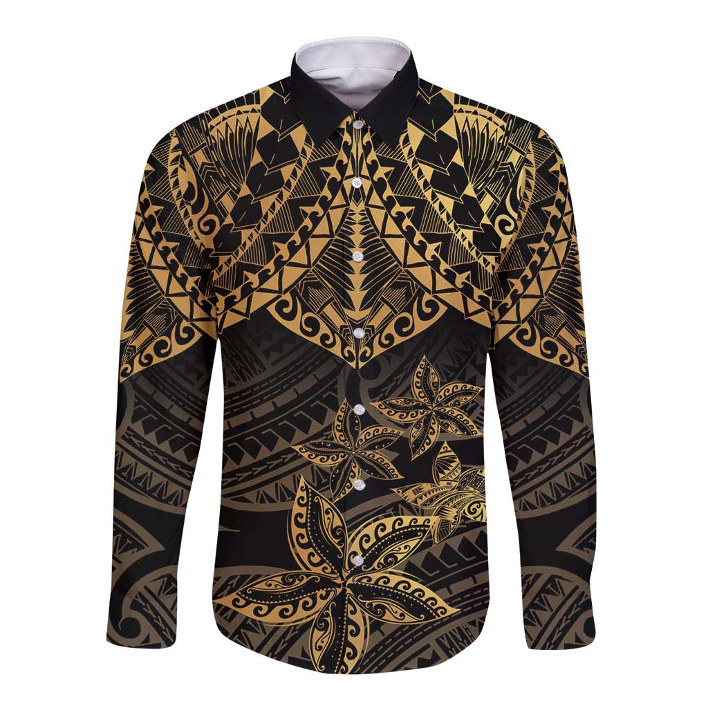 Black and Gold Polynesia Long Sleeve Button Shirt Plumeria Tattoo With Polynesian Pattern LT14 Unisex Black - Polynesian Pride