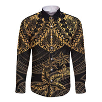 Black and Gold Polynesia Long Sleeve Button Shirt Plumeria Tattoo With Polynesian Pattern LT14 Unisex Black - Polynesian Pride