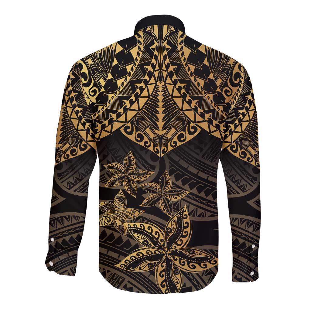 Black and Gold Polynesia Long Sleeve Button Shirt Plumeria Tattoo With Polynesian Pattern LT14 - Polynesian Pride