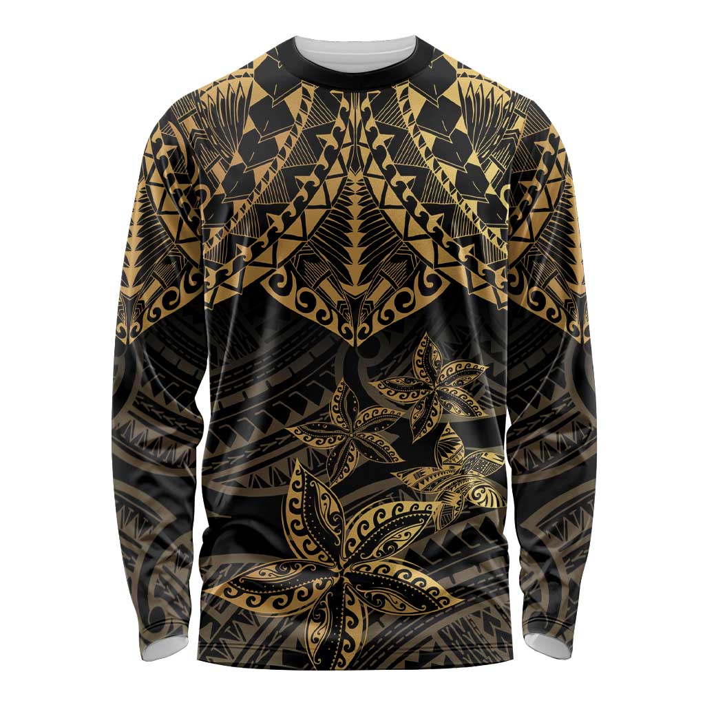 Black and Gold Polynesia Long Sleeve Shirt Plumeria Tattoo With Polynesian Pattern