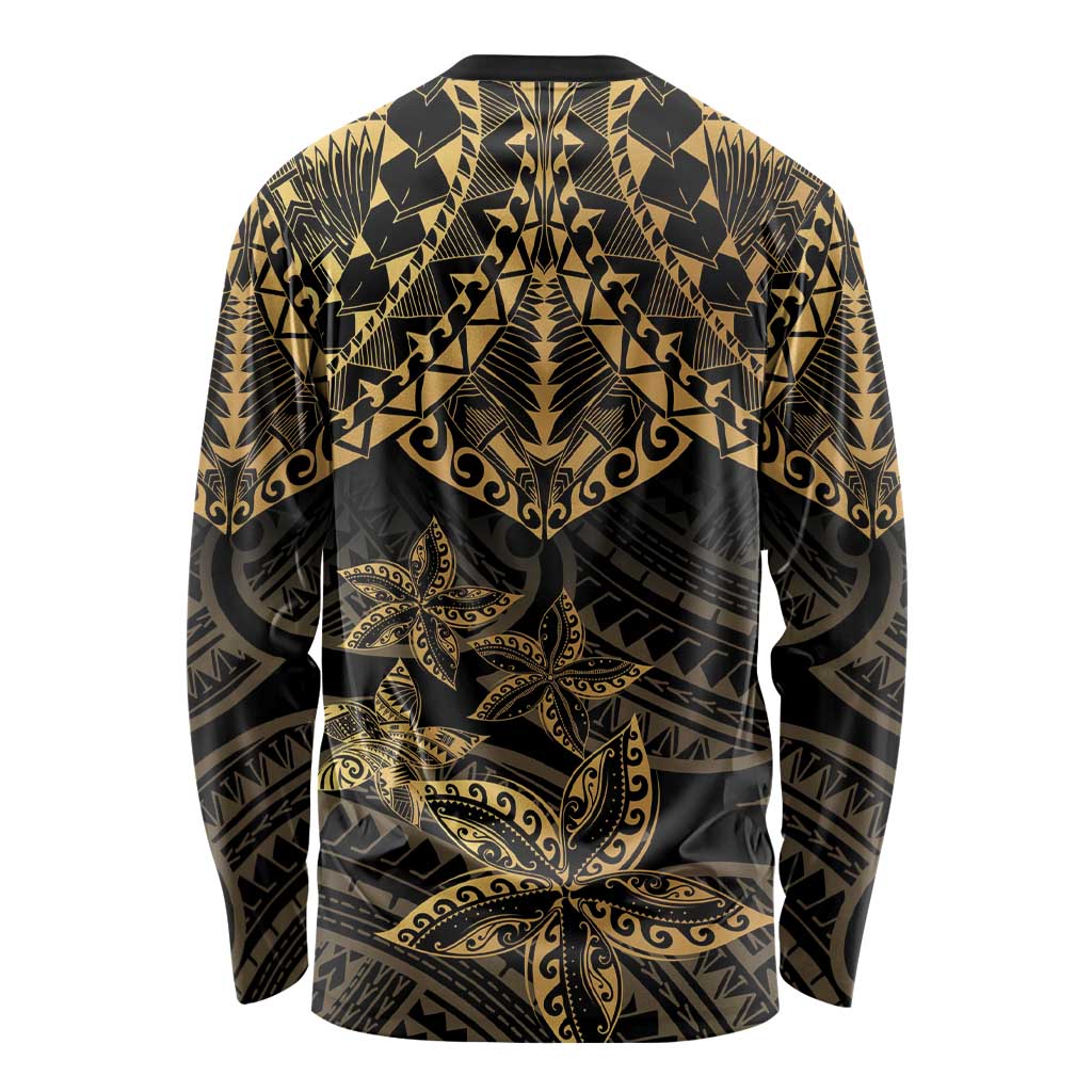 Black and Gold Polynesia Long Sleeve Shirt Plumeria Tattoo With Polynesian Pattern