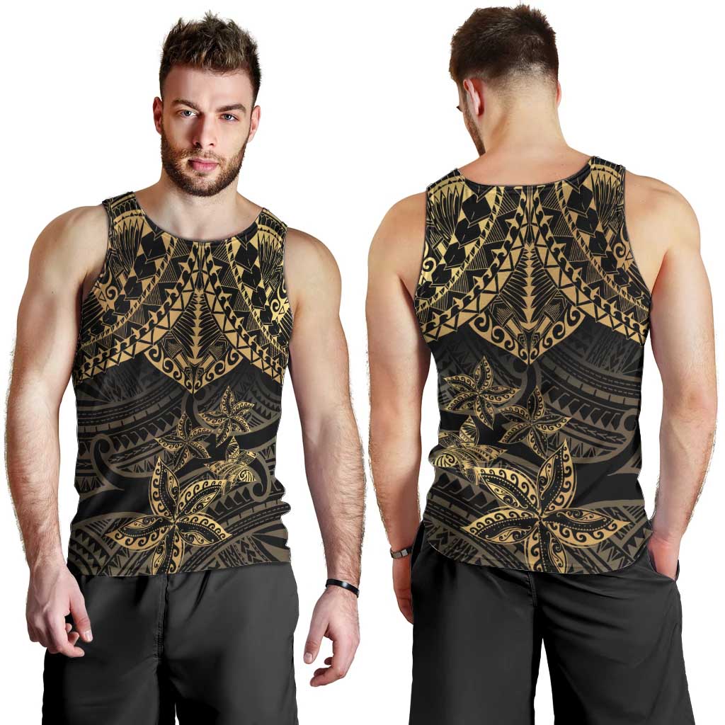 Black and Gold Polynesia Men Tank Top Plumeria Tattoo With Polynesian Pattern