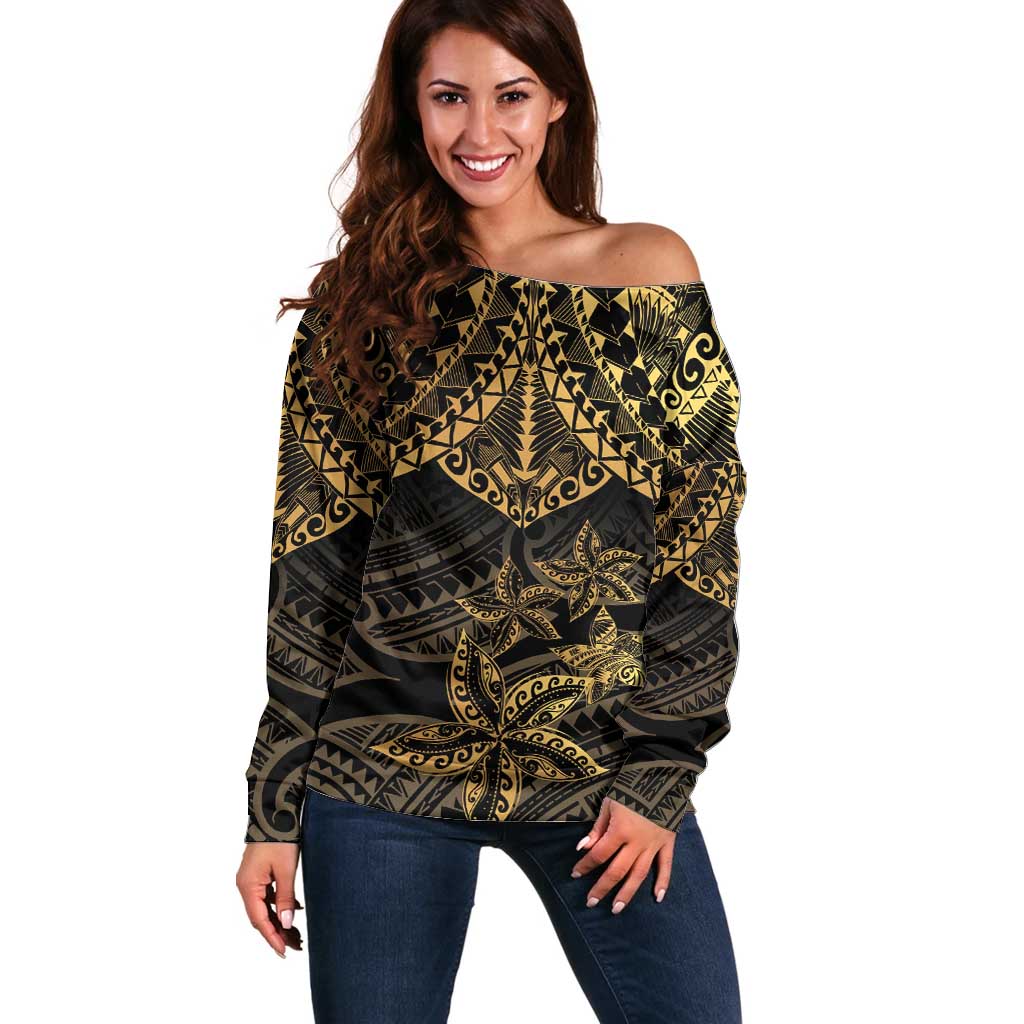 Black and Gold Polynesia Off Shoulder Sweater Plumeria Tattoo With Polynesian Pattern