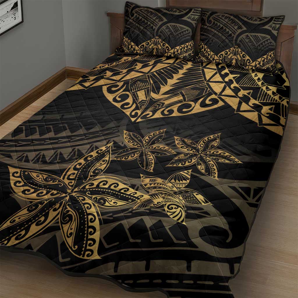 Black and Gold Polynesia Quilt Bed Set Plumeria Tattoo With Polynesian Pattern
