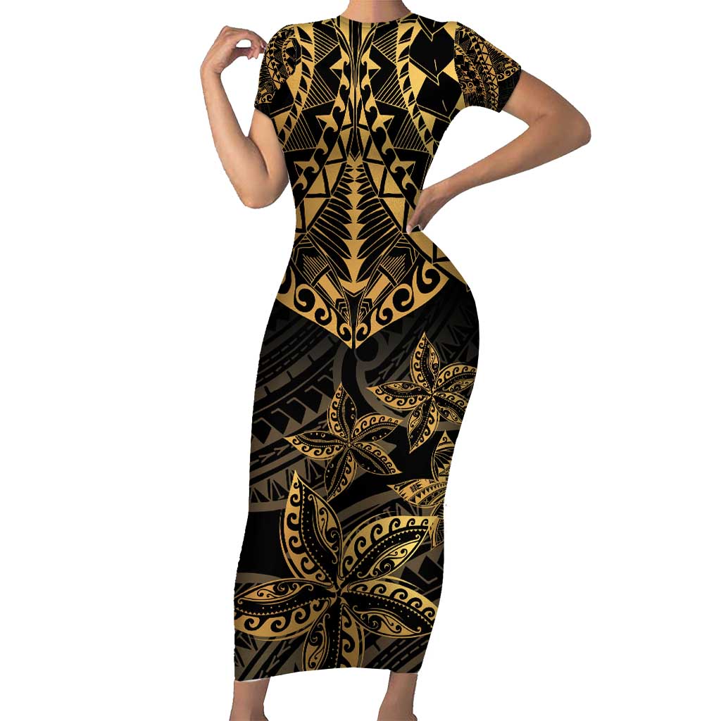 Black and Gold Polynesia Short Sleeve Bodycon Dress Plumeria Tattoo With Polynesian Pattern