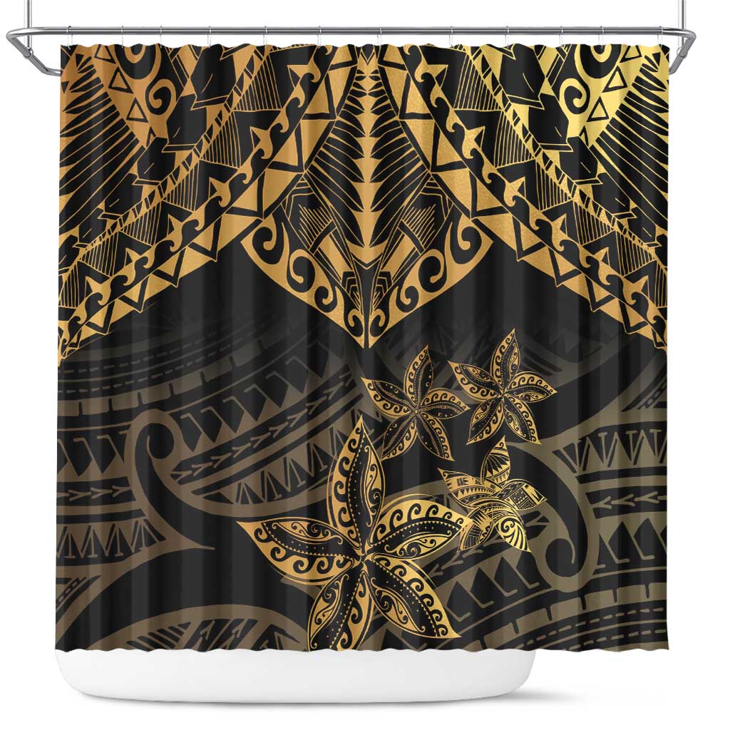 Black and Gold Polynesia Shower Curtain Plumeria Tattoo With Polynesian Pattern