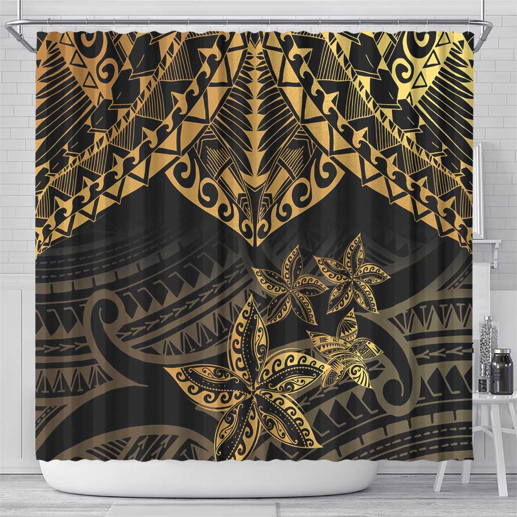 Black and Gold Polynesia Shower Curtain Plumeria Tattoo With Polynesian Pattern LT14 - Polynesian Pride