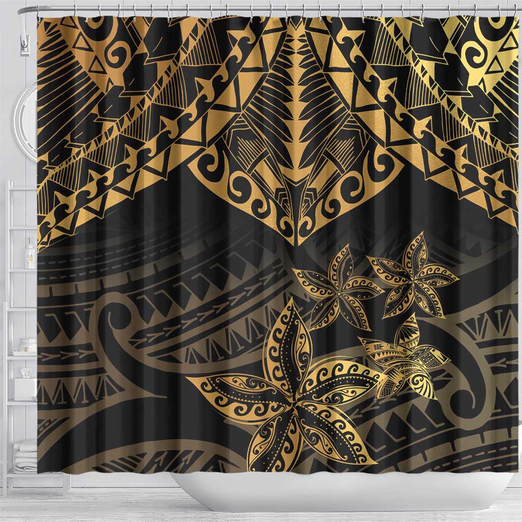 Black and Gold Polynesia Shower Curtain Plumeria Tattoo With Polynesian Pattern LT14 - Polynesian Pride