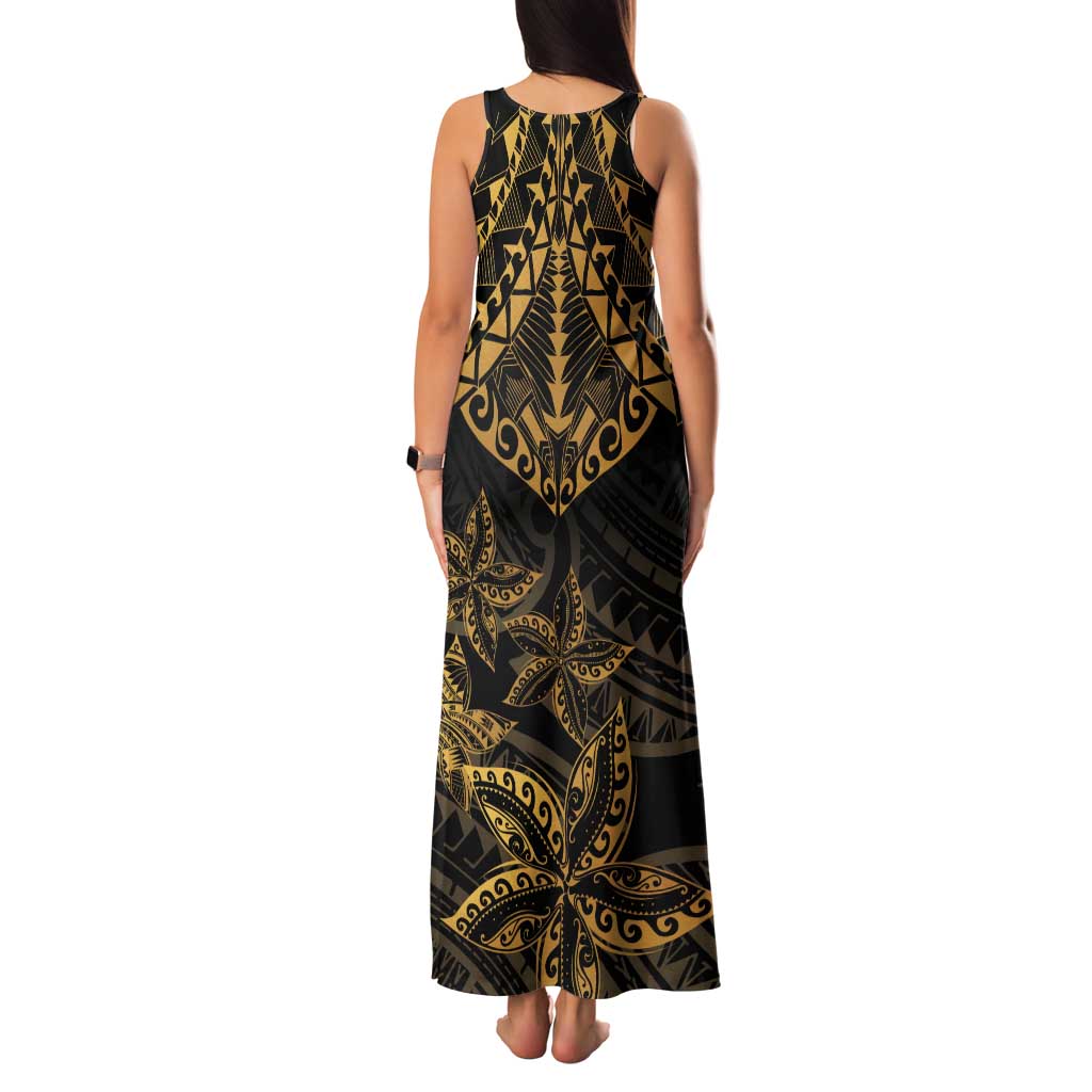 Black and Gold Polynesia Tank Maxi Dress Plumeria Tattoo With Polynesian Pattern