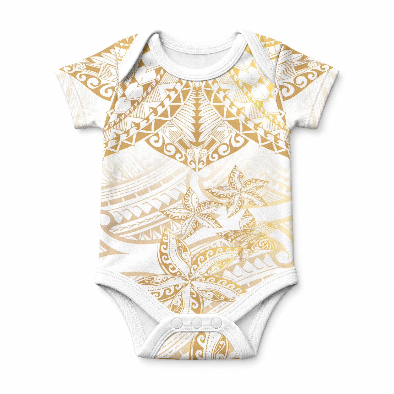 White and Gold Polynesia Baby Onesie Plumeria Tattoo With Polynesian Pattern
