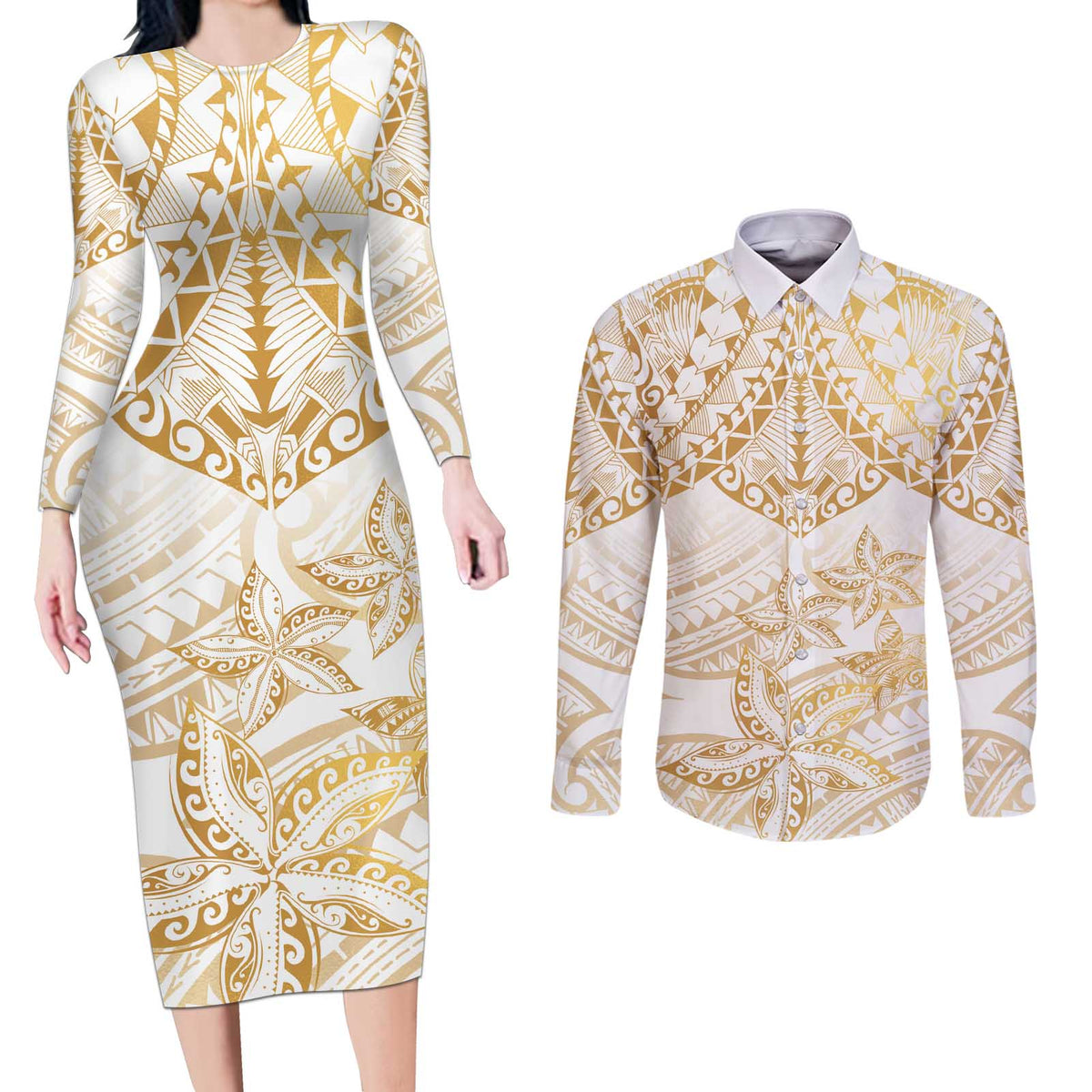 White and Gold Polynesia Couples Matching Long Sleeve Bodycon Dress and Long Sleeve Button Shirt Plumeria Tattoo With Polynesian Pattern
