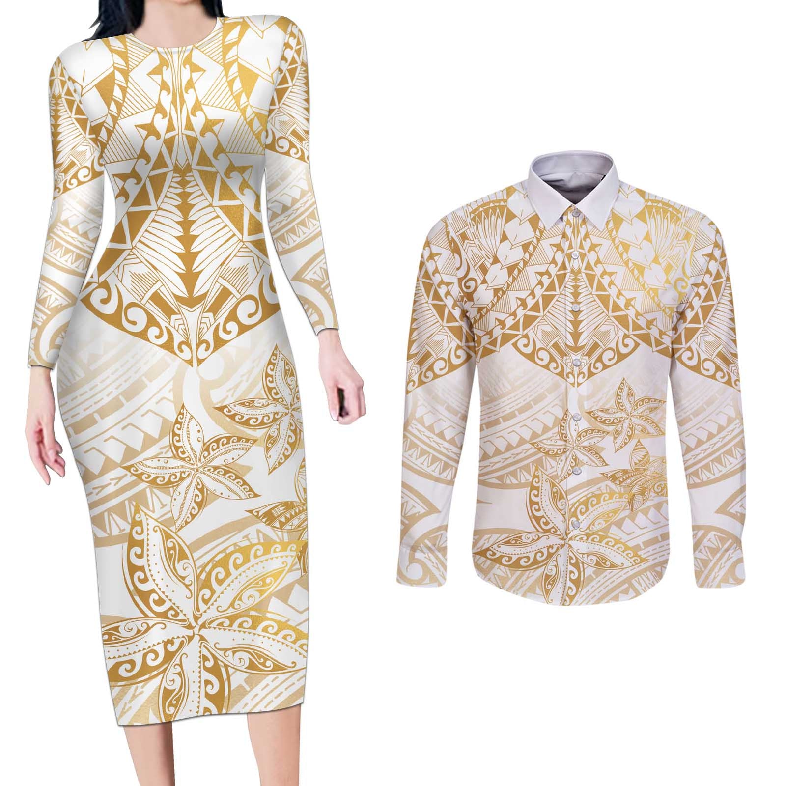 White and Gold Polynesia Couples Matching Long Sleeve Bodycon Dress and Long Sleeve Button Shirt Plumeria Tattoo With Polynesian Pattern