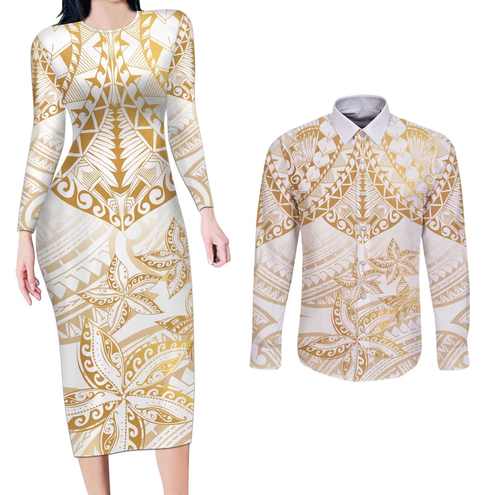 White and Gold Polynesia Couples Matching Long Sleeve Bodycon Dress and Long Sleeve Button Shirt Plumeria Tattoo With Polynesian Pattern
