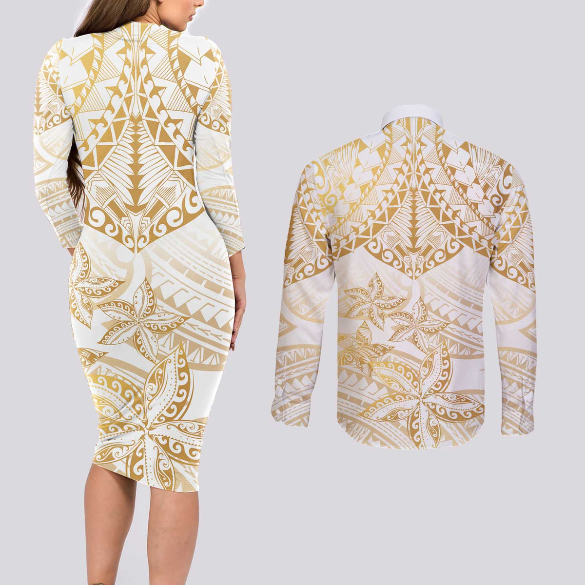 White and Gold Polynesia Couples Matching Long Sleeve Bodycon Dress and Long Sleeve Button Shirt Plumeria Tattoo With Polynesian Pattern