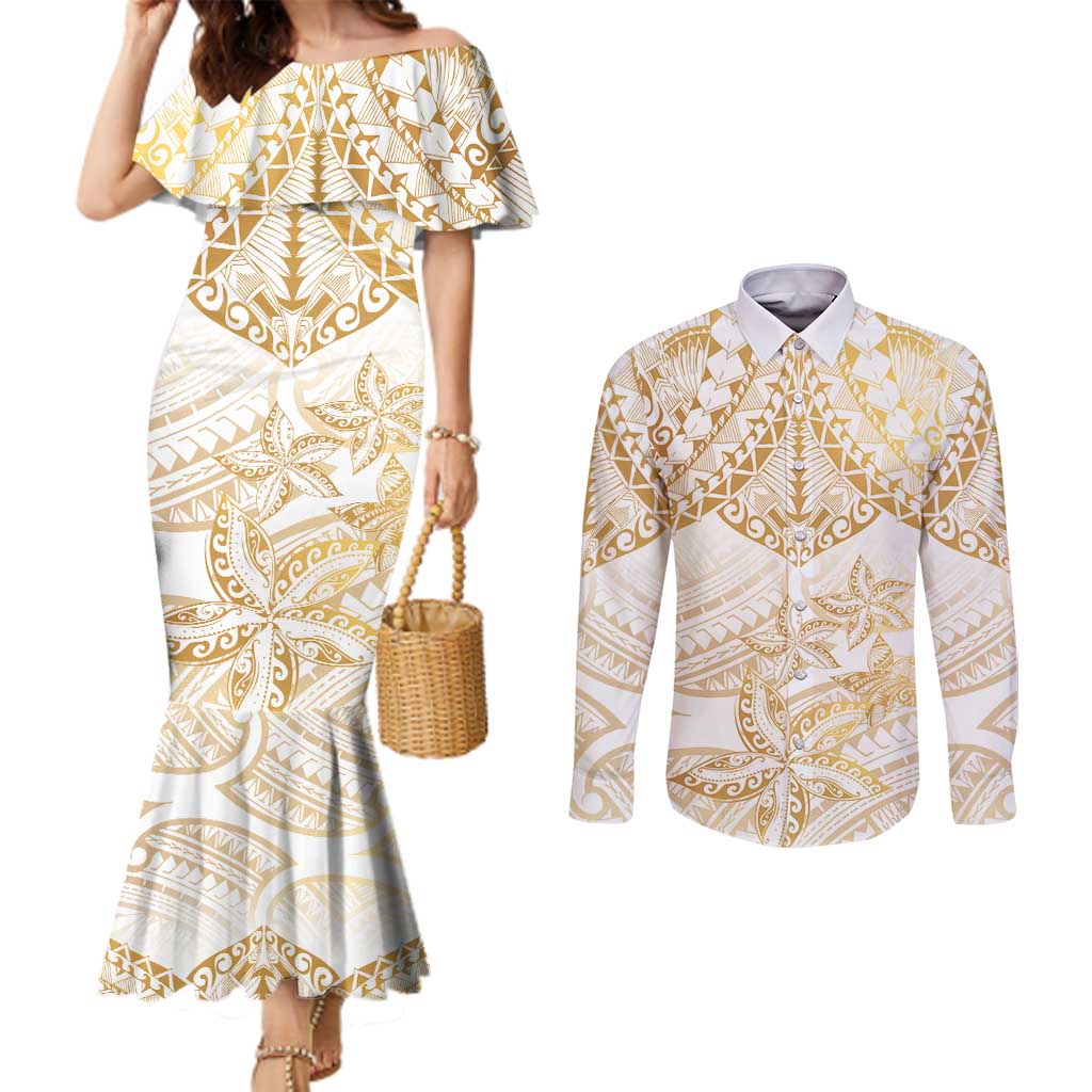 White and Gold Polynesia Couples Matching Mermaid Dress and Long Sleeve Button Shirt Plumeria Tattoo With Polynesian Pattern