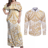 White and Gold Polynesia Couples Matching Off Shoulder Maxi Dress and Long Sleeve Button Shirt Plumeria Tattoo With Polynesian Pattern