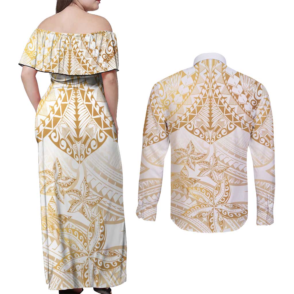 White and Gold Polynesia Couples Matching Off Shoulder Maxi Dress and Long Sleeve Button Shirt Plumeria Tattoo With Polynesian Pattern