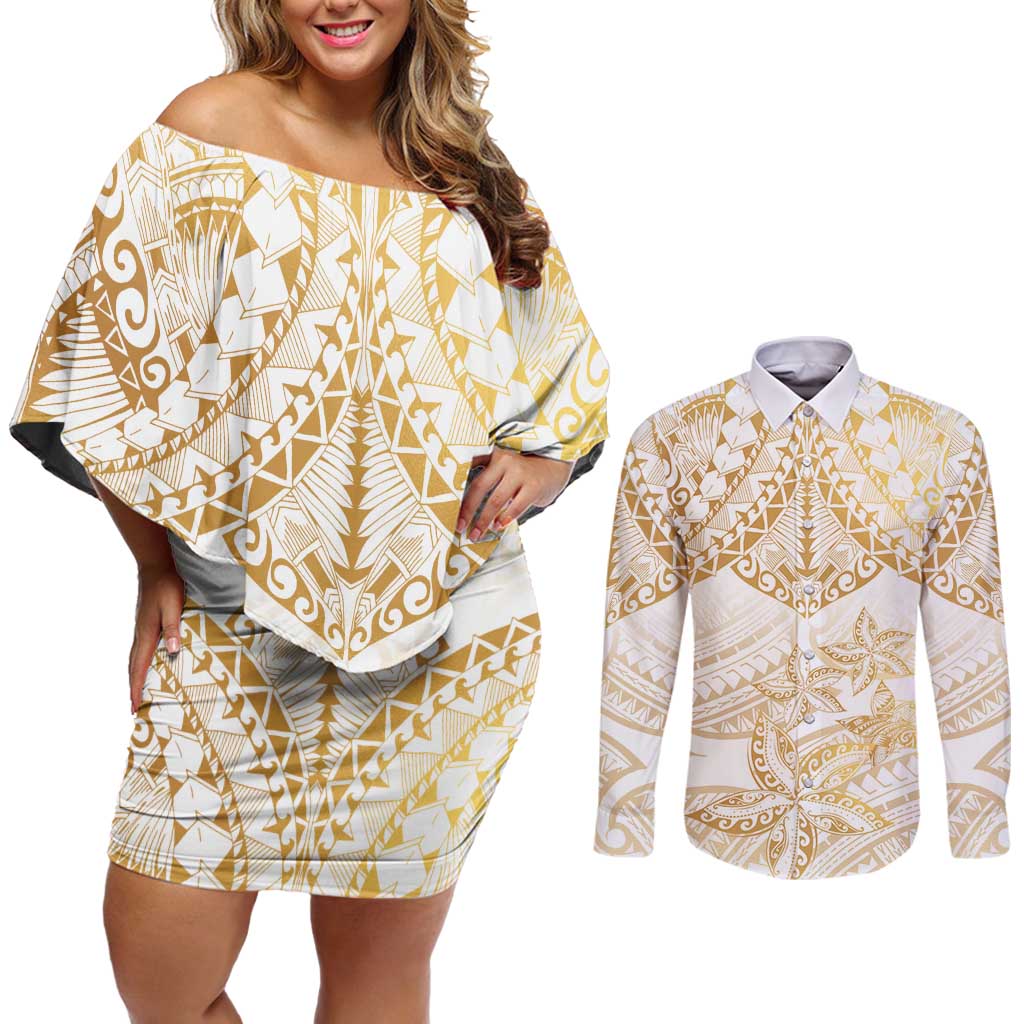 White and Gold Polynesia Couples Matching Off Shoulder Short Dress and Long Sleeve Button Shirt Plumeria Tattoo With Polynesian Pattern
