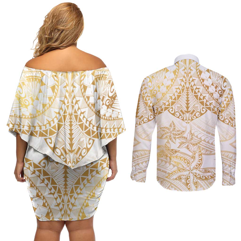 White and Gold Polynesia Couples Matching Off Shoulder Short Dress and Long Sleeve Button Shirt Plumeria Tattoo With Polynesian Pattern